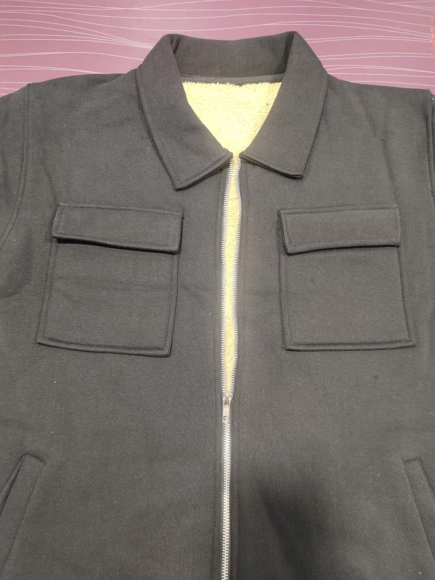 Men's Black Fleece Jacket - 1 Pc Collared Plain Style