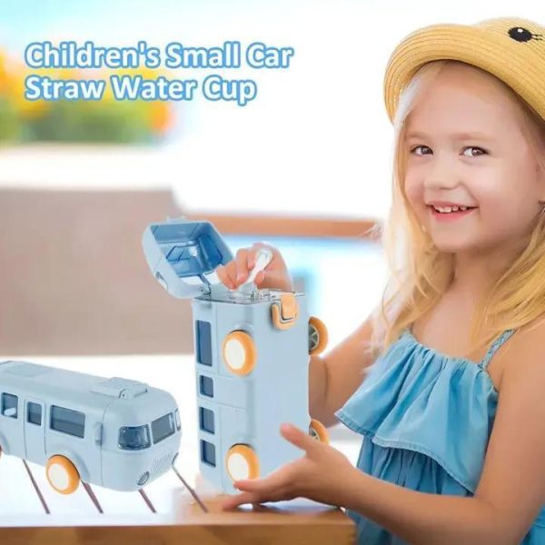 School Bus Kids Water Bottle with Straw
