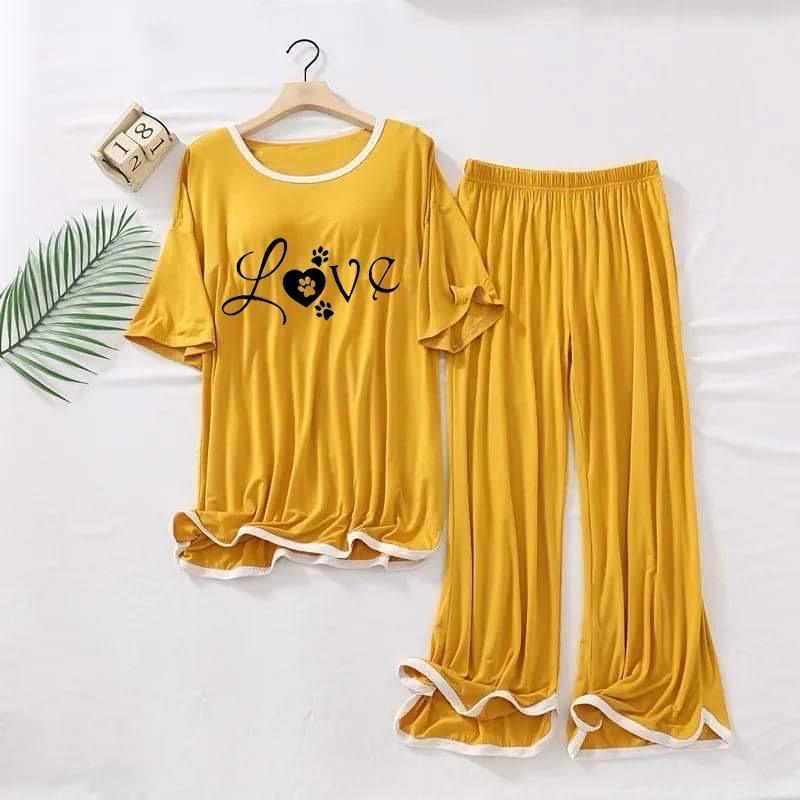 Comfortable Yellow Printed Cotton Jersey Night Suit - 2 Pcs Set