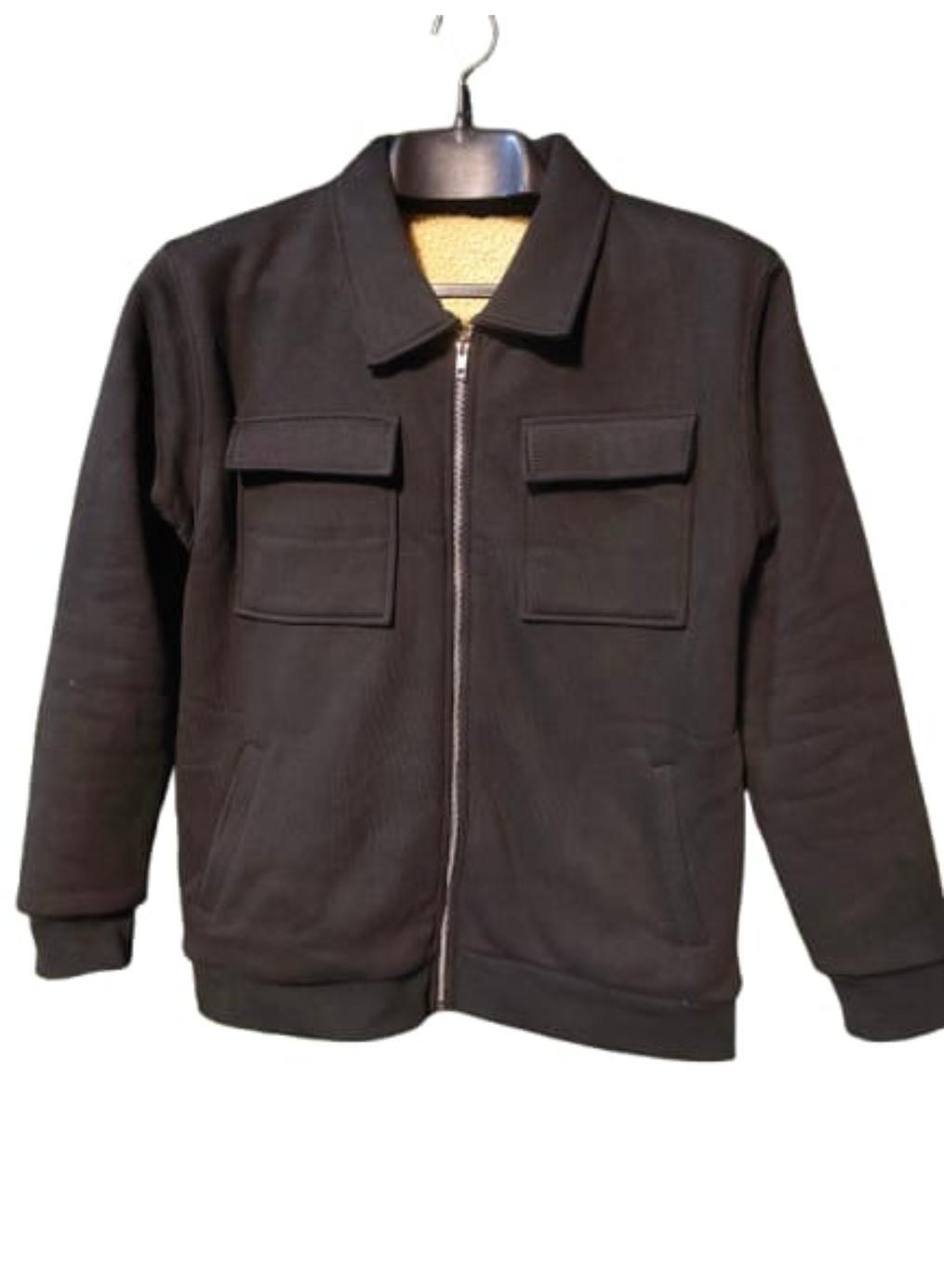 Men's Black Fleece Jacket - 1 Pc Collared Plain Style