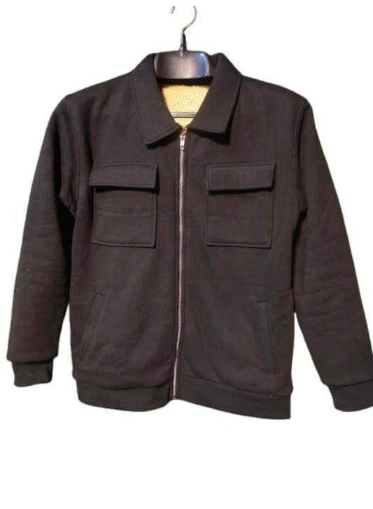 Men's Black Fleece Jacket - 1 Pc Collared Plain Style