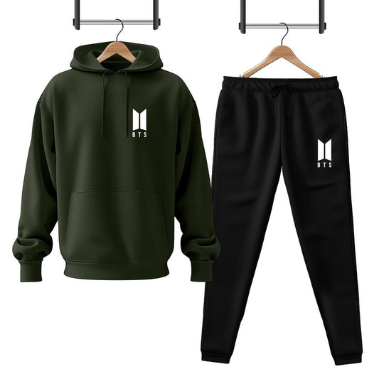 Men's Premium Green Fleece Hoodie Tracksuit – Stylish Printed 2-Piece Winter Set
